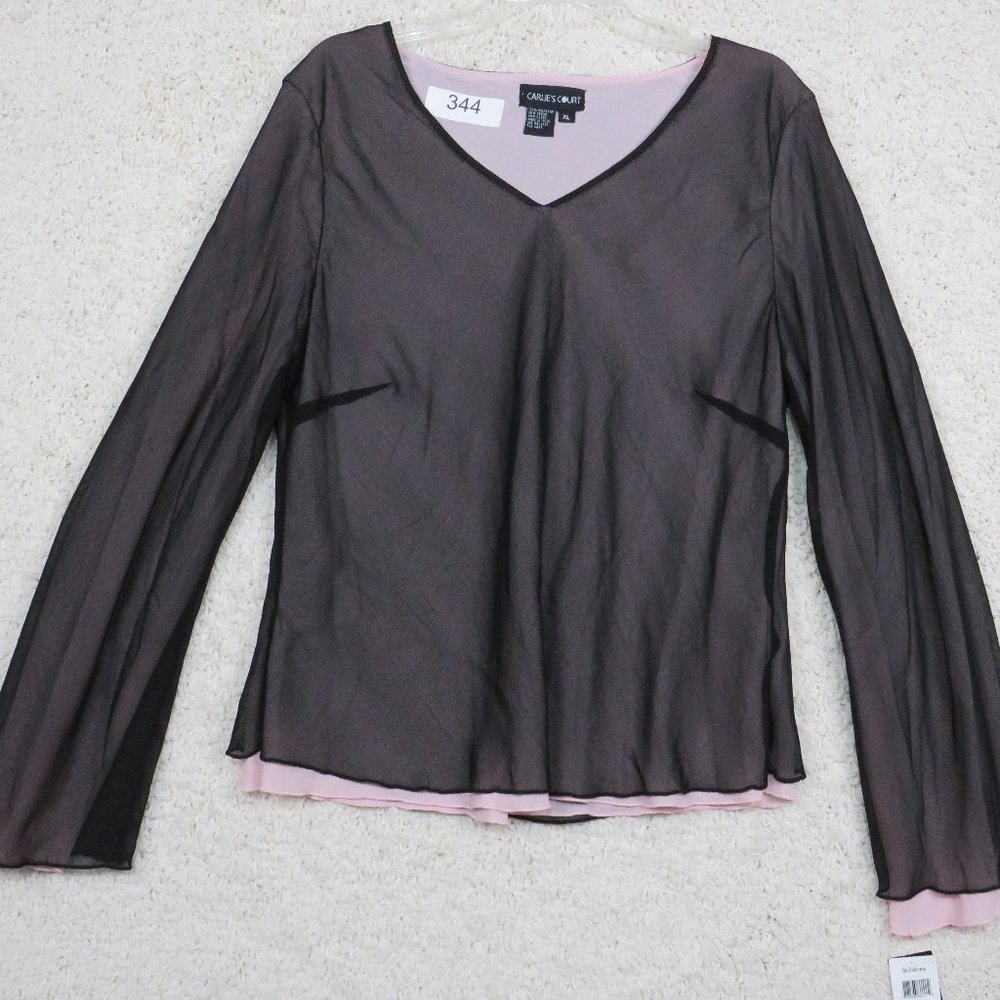 Carlie's Court* Women's Long Sleeve V-Neck Blouse Size XL~ Black‎ & Pink